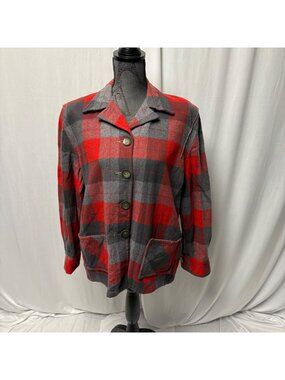Merrill Woolens Red Gray Plaid Wool Jacket Womens Large Button Front Shacket VTG